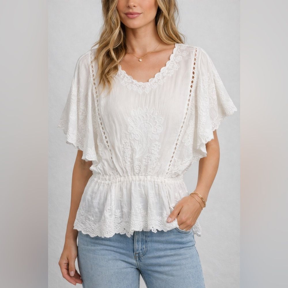 Solitaire White Embroidered Peasant Blouse Flutter Sleeve Boho Top L